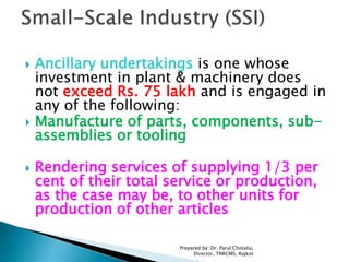  Ancillary undertakings is one whose
investment in plant & machinery does
not exceed Rs. 75 lakh and is engaged in
any of the following:
 Manufacture of parts, components, sub-
assemblies or tooling
 Rendering services of supplying 1/3 per
cent of their total service or production,
as the case may be, to other units for
production of other articles
Prepared by: Dr. Parul Chotalia,
Director, TNRCMS, Rajkot
 