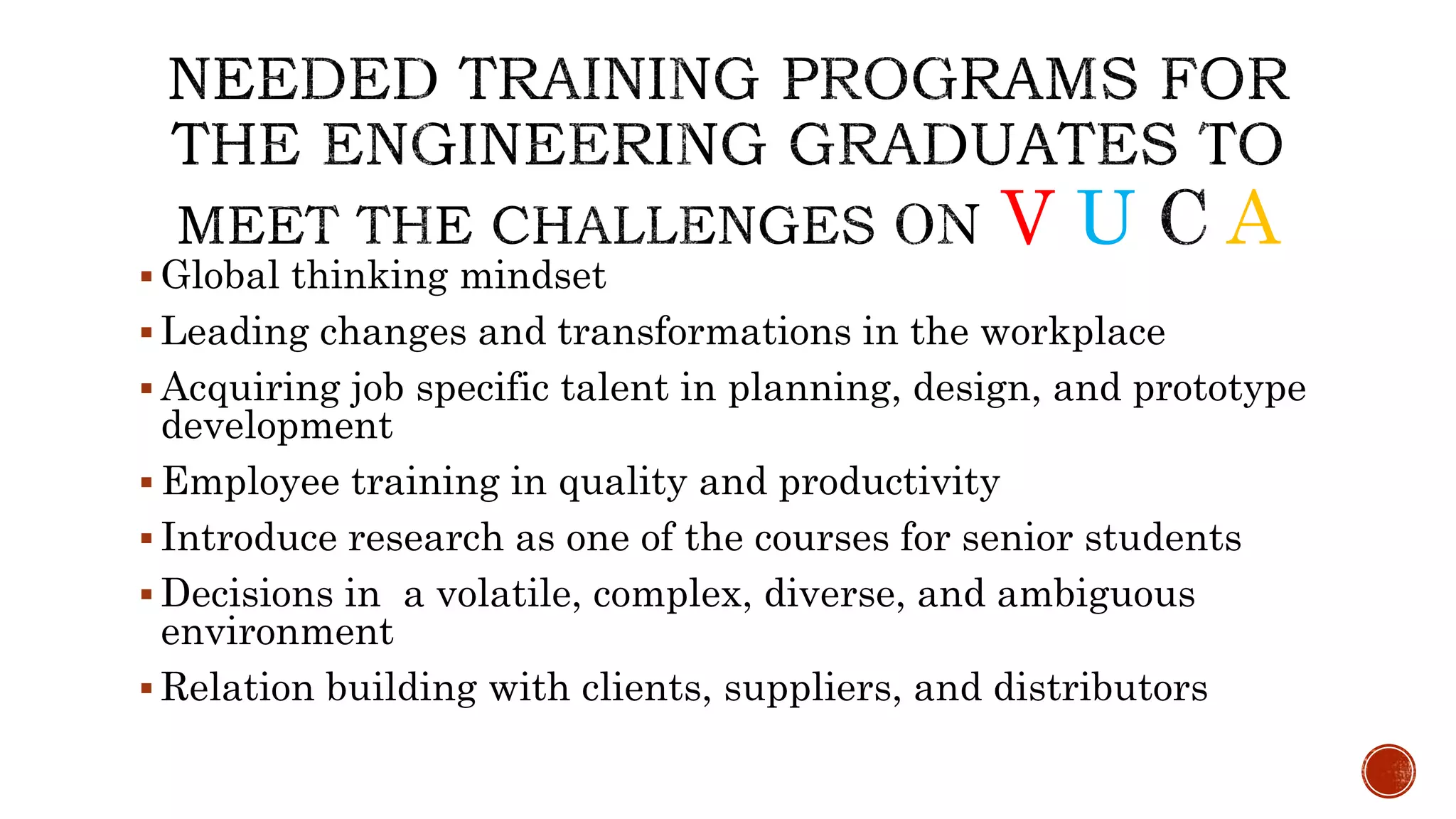 V U A
 Global thinking mindset
 Leading changes and transformations in the workplace
 Acquiring job specific talent in planning, design, and prototype
development
 Employee training in quality and productivity
 Introduce research as one of the courses for senior students
 Decisions in a volatile, complex, diverse, and ambiguous
environment
 Relation building with clients, suppliers, and distributors
 