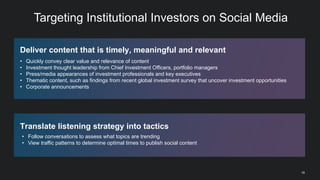 19
Targeting Institutional Investors on Social Media
Deliver content that is timely, meaningful and relevant
• Quickly convey clear value and relevance of content
• Investment thought leadership from Chief Investment Officers, portfolio managers
• Press/media appearances of investment professionals and key executives
• Thematic content, such as findings from recent global investment survey that uncover investment opportunities
• Corporate announcements
Translate listening strategy into tactics
• Follow conversations to assess what topics are trending
• View traffic patterns to determine optimal times to publish social content
 