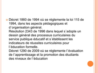    Décret 1860 de 1994 où se réglemente la loi 115 de
    1994, dans les aspects pédagogiques et
    d´organisation général.
    Résolution 2343 de 1996 dans lequel s´adopte un
    dessin général des processus curriculaires du
    service publique éducatif et s´établissent les
    indicateurs de réussites curriculaires pour
    l´éducation formelle.
    Décret 1290 de 2009 où se réglemente l´évaluation
    de l´apprentissage et la promotion des étudiants
    des niveaux de l´éducation
 