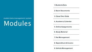 1.Students Data
2. Exam Docum ents
3. Class Tim e Table
4. Academ ic Calender
5. Online Assignm ents
6. Study Material
7. Fee Managem ent
8. Expenditure & Incom e
9. Vehicle Managem ent
student data management system
Modules
 