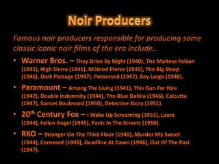 Famous noir producers responsible for producing some
classic iconic noir films of the era include..
• Warner Bros. – They Drive By Night (1940), The Maltese Falcon
  (1941), High Sierra (1941), Mildred Pierce (1945), The Big Sleep
  (1946), Dark Passage (1947), Possessed (1947), Key Largo (1948).
• Paramount – Among The Living (1941), This Gun For Hire
  (1942), Double Indemnity (1944), The Blue Dahlia (1946), Calcutta
  (1947), Sunset Boulevard (1950), Detective Story (1951).
• 20th Century Fox – I Wake Up Screaming (1951), Laura
  (1944), Fallen Angel (1945), Panic In The Streets (1950).
• RKO – Stranger On The Third Floor (1940), Murder My Sweet
  (1944), Cornered (1945), Deadline At Dawn (1946), Out Of The Past
  (1947).
 