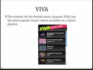 VIVA 
0 The website for the British music channel, VIVA, has 
the most popular music videos available on a charts 
playlist. 
 