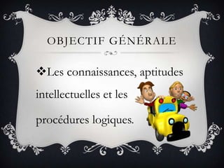 OBJECTIF GÉNÉRALE

Les connaissances, aptitudes
intellectuelles et les

procédures logiques.
 