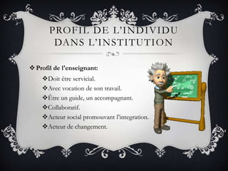 PROFIL DE L’INDIVIDU
        DANS L’INSTITUTION

 Profil de l'enseignant:
    Doit être servicial.
    Avec vocation de son travail.
    Être un guide, un accompagnant.
    Collaboratif.
    Acteur social promouvant l’integration.
    Acteur de changement.
 