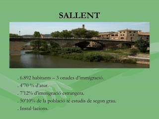 SALLENT




. 6.892 habitants – 3 onades d’immigració.
. 4’70 % d’atur.
. 7’12% d’immigració estrangera.
. 50’10% de la població té estudis de segon grau.
. Instal·lacions.
 