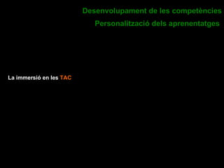 La importància de les àrees instrumentals i la seva projecció en la resta d’àmbits curriculars. L’èmfasi en l’aprenentatge funcional de la tercera llengua. Desenvolupament de les competències Personalització dels aprenentatges   La immersió en les  TAC 