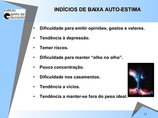 11
• Dificuldade para emitir opiniões, gostos e valores.
• Tendência à depressão.
• Temer riscos.
• Dificuldade para manter “olho no olho”.
• Pouca concentração.
• Dificuldade nos casamentos.
• Tendência a vícios.
• Tendência a manter-se fora do peso ideal.
INDÍCIOS DE BAIXA AUTO-ESTIMA
INDÍCIOS DE BAIXA AUTO-ESTIMA
 