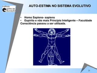 21
• Homo Sapiens- sapiens
• Espírito e não mais Princípio Inteligente – Faculdade
Consciência passou a ser utilizada.
AUTO-ESTIMA NO SISTEMA EVOLUTIVO
AUTO-ESTIMA NO SISTEMA EVOLUTIVO
 