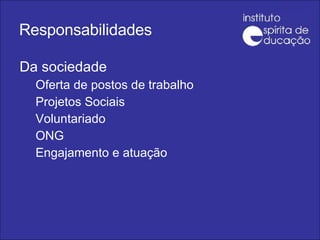 Responsabilidades Da sociedade Oferta de postos de trabalho Projetos Sociais Voluntariado ONG Engajamento e atuação 