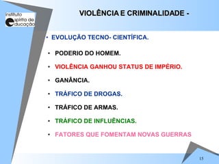 VIOLÊNCIA E CRIMINALIDADE -  PODERIO DO HOMEM. VIOLÊNCIA GANHOU STATUS DE IMPÉRIO. GANÂNCIA. TRÁFICO DE DROGAS. TRÁFICO DE ARMAS. TRÁFICO DE INFLUÊNCIAS. FATORES QUE FOMENTAM NOVAS GUERRAS EVOLUÇÃO TECNO- CIENTÍFICA. 