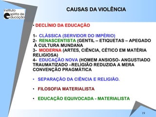 1-  CLÁSSICA (SERVIDOR DO IMPÉRIO) 2-  RENASCENTISTA  (GENTIL – ETIQUETAS – APEGADO  À CULTURA MUNDANA 3-  MODERNA  (ARTES, CIÊNCIA, CÉTICO EM MATÉRIA RELIGIOSA) 4-  EDUCAÇÃO NOVA  (HOMEM ANSIOSO- ANGUSTIADO  TRAUMATIZADO –RELIGIÃO REDUZIDA A MERA CONVENÇÃO PRAGMÁTICA SEPARAÇÃO DA CIÊNCIA E RELIGIÃO. FILOSOFIA MATERIALISTA EDUCAÇÃO EQUIVOCADA - MATERIALISTA CAUSAS DA VIOLÊNCIA DECLÍNIO DA EDUCAÇÃO 