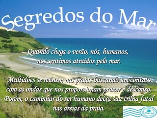 Segredos do Mar Quando chega o verão, nós, humanos,  nos sentimos atraídos pelo mar. Multidões se reúnem nas praias buscando um contato com as ondas que nos proporcionam prazer e descanso. Porém, o caminhar do ser humano deixa sua trilha fatal nas areias da praia. 