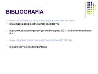 BIBLIOGRAFÍA www.cafeonline.com.m/computadores/monitor/monitor.html http//images.google.com.ec/images?mdsp=zu http//www.espacioblogt.com/gastonliborsi/post/2007/11/28/monitor.computador. www.centrobermudez.com.or/temaeducar/temaEOIB.http laferreteriacylon,es/?tag=pantallas 
