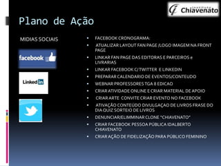 Plano de Ação
MIDIAS SOCIAIS



FACEBOOK CRONOGRAMA:



ATUALIZAR LAYOUT FAN PAGE /LOGO IMAGEM NA FRONT
PAGE



LINKAR FAN PAGE DAS EDITORAS E PARCEIROS e
LIVRARIAS



LINKAR FACEBOOK C/ TWITTER E LINKEDIN



PREPARAR CALENDARIO DE EVENTOS/CONTEUDO



WEBNAR PROFESSORES TGA 8 EDICAO



CRIAR ATIVIDADE ONLINE E CRIAR MATERIAL DE APOIO



CRIAR ARTE CONVITE CRIAR EVENTO NO FACEBOOK



ATIVAÇÃO CONTEÚDO DIVULGAÇAO DE LIVROS FRASE DO
DIA QUIZ SORTEIO DE LIVROS



DENUNCIAR/ELIMMINAR CLONE “CHIAVENATO”



CRIAR FACEBOOK PESSOA PÚBLICA IDALBERTO
CHIAVENATO



CRIAR AÇÃO DE FIDELIZAÇÃO PARA PÚBLICO FEMININO

 