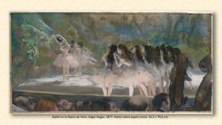 Ballet en la Ópera de París. Edgar Degas. 1877. Pastel sobre papel crema. 35,2 × 70,6 cm.
 