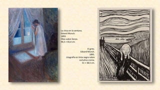 La chica en la ventana.
Edvard Munch.
1893.
Óleo sobre lienzo.
96,5 × 65,4 cm.
El grito.
Edvard Munch.
1895.
Litografía en tinta negra sobre
cartulina crema.
51 × 38,5 cm.
 