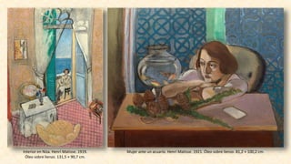 Interior en Niza. Henri Matisse. 1919.
Óleo sobre lienzo. 131,5 × 90,7 cm.
Mujer ante un acuario. Henri Matisse. 1921. Óleo sobre lienzo. 81,2 × 100,2 cm.
 