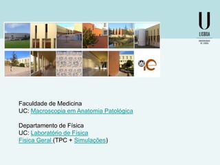 Faculdade de Medicina
UC: Macroscopia em Anatomia Patológica
Departamento de Física
UC: Laboratório de Física
Fisica Geral (TPC + Simulações)

 