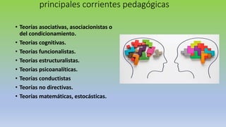 principales corrientes pedagógicas
• Teorías asociativas, asociacionistas o
del condicionamiento.
• Teorías cognitivas.
• Teorías funcionalistas.
• Teorías estructuralistas.
• Teorías psicoanalíticas.
• Teorías conductistas
• Teorías no directivas.
• Teorías matemáticas, estocásticas.
 