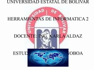 UNIVERSIDAD ESTATAL DE BOLIVAR 
HERRAMIENTAS DE INFORMATICA 2 
DOCENTE: ING. KARLA ALDAZ 
ESTUDIANTE: MELISSA NOBOA 
 