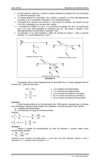 IFRN / DIETIND MÁQUINAS E AUTOMAÇÃO ELÉTRICA
10 - Lunardo Alves de Sena
• se esta carga for indutiva, a corrente I2 estará atrasada em relação à E2 de uma ângulo
θ2 conforme Ilustração 13(b);
• os ampère-espiras do secundário, N2I2, tendem a produzir um fluxo desmagnetizante
que reduz o Φm e as tensões induzidas E1 e E2 instantaneamente;
• a redução de E1 produz uma corrente I’1, que circula no primário, de maneira tal que
I’1N1=I2N2, restabeleça o Φm ao seu valor original;
• I’1 se atrasa em relação à V1 de θ’1 e I2 se atrasa em relação à E2 de θ2, de maneira tal
que θ’1=θ2 (com esta igualdade se evidencia que N1I’1 são iguais e opostos a N2I2
desmagnetizantes do secundário), Ilustração 13(b);
• na Ilustração 13 (c) está mostrado o efeito da corrente de carga I’1, onde a corrente
primária, I1, é a soma fasorial de Im com I’1.
(E2
)
E1 V1
I1
= Im
m
φ
(a) Relações primárias em vazio
E2 V1
I'1
m
φ
(b) Relações secundárias com carga
I2
θ1
'
θ2
E1 V1
I'1
m
φ
(c) Relações primárias com carga
I2
θ1
'
θ2
Im
I1
θ1
Ilustração 13
A igualdade entre a força magnetomotriz do secundário N2I2 e a força magnetomotriz do
primário N1I’1, pode ser dita como:
2
2
'
1
1
I
N
I
N =
ou
α
N
N
I
I
2
1
'
1
2
=
=
• α é a relação de transformação;
• I’1 é a corrente de carga primária;
• I2 é a corrente secundária ou de carga;
• N1 é o número de espiras do primário; e
• N2 é o número de espiras do secundário.
Exemplo 2
O lado de alta tensão de um transformador tem 1000 espiras, enquanto que o de baixa
tem 100 espiras. Quando o trafo é ligado com abaixador, corrente de carga é 10A. Calcule:
a) a relação de transformação;
b) a componente de carga da corrente primária.
Solução:
a) α
N
N
I
I
2
1
'
1
2
=
= → 10
N
N
2
1
=
=
=
100
1000
α
b) α
I
I
'
1
2
= → 1A
10
10
α
I
I 2
'
1 =
=
=
Exemplo 3
Calcule a relação de transformação do trafo do Exemplo 2, quando usado como
transformador elevador.
1
-
2
1
10
N
N
=
=
=
1000
100
α
Observa-se que a relação de transformação α é fixa para uma dada aplicação. Quando o trafo é
abaixador o α >1. Quando o trafo é elevador o α <1.
 