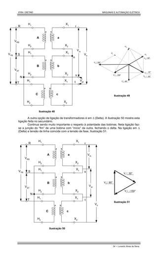 IFRN / DIETIND MÁQUINAS E AUTOMAÇÃO ELÉTRICA
34 - Lunardo Alves de Sena
A a
H1
H2
X1
X2
B b
H1
H2
X1
X2
C c
H1
H2
X1
X2
R
S
T
VRS
VST
VTR
N
n
s
t
Vrs
Vst
Vtr
r
Ilustração 48
-Vr
-Vs
Vr
Vrs
Vst
Vt
30°
-30°
-30°
-150°
-Vt
Vs -90°
Vtr 180°
Ilustração 49
A outra opção de ligação de transformadores é em ∆ (Delta). A Ilustração 50 mostra esta
ligação feita no secundário.
Continua sendo muito importante o respeito à polaridade das bobinas. Neta ligação faz-
se a junção do “fim” de uma bobina com “início” da outra, fechando o delta. Na ligação em ∆
(Delta) a tensão de linha coincide com a tensão de fase, Ilustração 51.
A a
H1
H2
X1
X2
B b
H1
H2
X1
X2
C c
H1
H2
X1
X2
R
S
T
VRS
VST
VTR
N
s
t
Vrs
Vst
Vtr
r
Ilustração 50
Vr
Vt
30°
-150°
Vs 90°
Ilustração 51
 