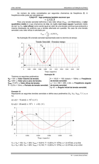 IFRN / DIETIND MÁQUINAS E AUTOMAÇÃO ELÉTRICA
40 - Lunardo Alves de Sena
Ao número de ciclos completados por segundos chamamos de freqüência (f). A
freqüência então pode ser calculada por:
f (Hz)=1/T logo podemos também escrever que
⇒ ω = 2π .f
Para uma tensão senoidal definimos o seu valor eficaz (VRMS - em Matemática, o valor
quadrático médio é o que chamamos de rms: do inglês root mean square ‘quadrado médio
da raiz’ ou VEF valor eficaz) como sendo igual ao valor de uma tensão contínua que produzirá a
mesma dissipação de potência que a tensão alternada em questão. No caso de uma tensão
senoidal o seu valor eficaz é calculado por:
M
M
RMS V
V
V .
707
,
0
2
=
=
Na Ilustração 59 a tensão senoidal representada está no domínio do tempo:
VM Vpp
t
T
Ilustração 59
Teremos os seguintes parâmetros:
VM = 10V ⇒ Valor máximo da tensão;
VPP =20V ⇒ Valor pico a pico da tensão;
VRMS =7,07V ⇒ Valor eficaz da tensão;
T = 0,01s = 10ms ⇒ Período da tensão senoidal;
f = 1/0,01 = 100 ciclos/s = 100Hz ⇒ Freqüência
da tensão senoidal;
ω = 2π .100 = 200.π rd/s ⇒ Freqüência angular
da tensão senoidal;
θ0 =0° ⇒ Ângulo inicial da tensão senoidal;
Exemplo 12
Represente as seguintes tensões senoidais e defina seus parâmetros (VM, VPP, VRMS, T, f, ϖ, e
θ0)
a) v1(t) = 15.sen(2.π .103
.t ) ( V )
b) v2(t) = 20.sen(2.π .103
.t + π /2) ( V )
V1
V2
V1⇒ VM = 15V; VPP = 30V; VRMS,= 10,61V; T = 0,001s; f= 103
Hz; ϖ = 2π103
rd/s; e θ0=0rd
V2⇒ VM = 20V; VPP = 40V; VRMS,= 14,14V; T = 0,001s; f= 103
Hz; ϖ = 2π103
rd/s; e θ0=π/2rd
 