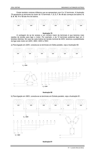 IFRN / DIETIND MÁQUINAS E AUTOMAÇÃO ELÉTRICA
51 - Lunardo Alves de Sena
Existe também motores trifásicos que se apresentam com 9 e 12 terminais. A Ilustração
79 apresenta os terminais do motor de 12 terminais. 1, 2, 3, 7, 8 e 9 são começos de bobina. 4,
5, 6, 10, 11 e 12 são fins de bobina.
220V 220V 220V
1 4 2 5 3 6
220V 220V 220V
7 10 8 11 9 12
Ilustração 79
A vantagem de se ter acesso a um número maior de terminais é que teremos mais
opções de tensão para ligar o motor. Por exemplo, o de 12 terminais podemos ligar em 4
tensões distintas. No caso de cada bobina ter tensão nominal de 220V, teremos a possibilidade
de ligar este motor em 220V, 380V, 440V e 760V.
a) Para ligação em 220V, conecta-se os terminais em Delta paralelo, veja a Ilustração 80:
220V 220V 220V
1 4 2 5 3 6
220V 220V 220V
7 10 8 11 9 12
1
4
2 5
11
8
7
10 9
3
12
6
R
S
T
1 2 3 4 5 6 7 8 9 10 11 12
R S T
VL = 220V
R S T
VL = 220V
Ilustração 80
b) Para ligação em 380V, conecta-se os terminais em Estrela paralelo, veja a Ilustração 81:
220V 220V 220V
1 4 2 5 3 6
220V 220V 220V
7 10 8 11 9 12
1
4
2
5 11
8
7
10
9
3
12
6
R
S
T
1 2 3 4 5 6 7 8 9 10 11 12
R S T
VL = 380V
VL
= 380V
R S T
Ilustração 81
 