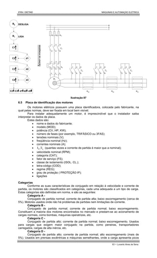 IFRN / DIETIND MÁQUINAS E AUTOMAÇÃO ELÉTRICA
63 - Lunardo Alves de Sena
B0
B1
C1
C2 d1
C3
SEQÜÊNCIA
DE
LIGAÇÃO
DESLIGA
LIGA
d2
C4 d3
C2 C3 d1 d2 d3
e1 e3
e2
C1
e4
R
S
T
M1
1 3 5
2 4 6
1 3 5
2 4 6
C4
1 3 5
2 4 6
T1 T2 T3
C3
1 3 5
2 4 6
C2
1 3 5
2 4 6
RX3 RX2 RX1
Ilustração 87
6.5 Placa de identificação dos motores
Os motores elétricos possuem uma placa identificadora, colocada pelo fabricante, na
qual pelas normas, deve ser fixada em local bem visível.
Para instalar adequadamente um motor, é imprescindível que o instalador saiba
interpretar os dados de placa.
Estes dados são:
• nome e dados do fabricante;
• modelo (MOD);
• potência (CV, HP, KW);
• número de fases (por exemplo, TRIFÁSICO ou 3FAS);
• tensões nominais (V);
• freqüência nominal (Hz);
• correntes nominais (A);
• n
P I
I (quantas vezes a corrente de partida é maior que a nominal);
• velocidade nominal (RPM);
• categoria (CAT);
• fator de serviço (FS);
• classe de isolamento (ISOL. CL.);
• letra-código (COD);
• regime (REG);
• grau de proteção ( PROTEÇÃO IP);
• ligações
Categorias
Conforme as suas características de conjugado em relação à velocidade e corrente de
partida, os motores são classificados em categorias, cada uma adequada a um tipo de carga.
Estas categorias são definidas em norma, e são as seguintes:
Categoria A -
Conjugado de partida normal; corrente de partida alta; baixo escorregamento (cerca de
5%). Motores usados onde não há problemas de partidas nem limitações de corrente.
Categoria B -
Conjugado de partida normal; corrente de partida normal; baixo escorregamento.
Constituem a maioria dos motores encontrados no mercado e prestam-se ao acionamento de
cargas normais, como bombas, máquinas operatrizes, etc.
Categoria C -
Conjugado de partida alto; corrente de partida normal; baixo escorregamento. Usados
para cargas que exigem maior conjugado na partida, como peneiras, transportadores
carregados, cargas de alta inércia, etc.
Categoria D -
Conjugado de partida alto; corrente de partida normal; alto escorregamento (mais de
5%). Usados em prensas excêntricas e máquinas semelhantes, onde a carga apresenta picos
 