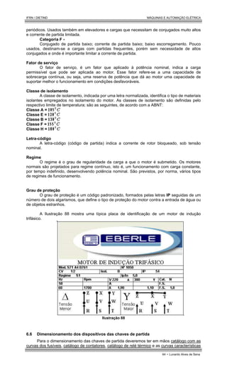 IFRN / DIETIND MÁQUINAS E AUTOMAÇÃO ELÉTRICA
64 - Lunardo Alves de Sena
periódicos. Usados também em elevadores e cargas que necessitam de conjugados muito altos
e corrente de partida limitada.
Categoria F -
Conjugado de partida baixo; corrente de partida baixo; baixo escorregamento. Pouco
usados, destinam-se a cargas com partidas frequentes, porém sem necessidade de altos
conjugados e onde é importante limitar a corrente de partida.
Fator de serviço
O fator de serviço, é um fator que aplicado à potência nominal, indica a carga
permissível que pode ser aplicada ao motor. Esse fator refere-se a uma capacidade de
sobrecarga contínua, ou seja, uma reserva de potência que dá ao motor uma capacidade de
suportar melhor o funcionamento em condições desfavoráveis.
Classe de isolamento
A classe de isolamento, indicada por uma letra normalizada, identifica o tipo de materiais
isolantes empregados no isolamento do motor. As classes de isolamento são definidas pelo
respectivo limite de temperatura; são as seguintes, de acordo com a ABNT:
Classe A =
Classe E =
Classe B =
Classe F =
Classe H =
Letra-código
A letra-código (código de partida) indica a corrente de rotor bloqueado, sob tensão
nominal.
Regime
O regime é o grau de regularidade da carga a que o motor é submetido. Os motores
normais são projetados para regime contínuo, isto é, um funcionamento com carga constante,
por tempo indefinido, desenvolvendo potência nominal. São previstos, por norma, vários tipos
de regimes de funcionamento.
Grau de proteção
O grau de proteção é um código padronizado, formados pelas letras IP seguidas de um
número de dois algarismos, que define o tipo de proteção do motor contra a entrada de água ou
de objetos estranhos.
A Ilustração 88 mostra uma típica placa de identificação de um motor de indução
trifásico.
Ilustração 88
6.6 Dimensionamento dos dispositivos das chaves de partida
Para o dimensionamento das chaves de partida deveremos ter em mãos catálogo com as
curvas dos fusíveis, catálogo de contatores, catálogo de relé térmico e as curvas características
 