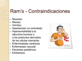 Ram’s - Contraindicaciones
 Nauseas
 Mareos
 Vómitos
 Hipertensión no controlada
 Hipersensibilidad a la
albumina humana o
a los productos derivados
de las células mamarias
 Enfermedades cardiacas
 Enfermedad vascular
 Pacientes pediátricos
 Embarazos
 