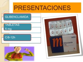PRESENTACIONES
GLIBENCLAMIDA
TABLETAS
5 mg
C/8-12h
 