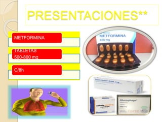 PRESENTACIONES**
METFORMINA
TABLETAS
500-800 mg
C/8h
 