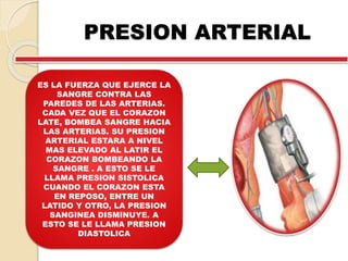 PRESION ARTERIAL
ES LA FUERZA QUE EJERCE LA
SANGRE CONTRA LAS
PAREDES DE LAS ARTERIAS.
CADA VEZ QUE EL CORAZON
LATE, BOMBEA SANGRE HACIA
LAS ARTERIAS. SU PRESION
ARTERIAL ESTARA A NIVEL
MAS ELEVADO AL LATIR EL
CORAZON BOMBEANDO LA
SANGRE . A ESTO SE LE
LLAMA PRESION SISTOLICA
CUANDO EL CORAZON ESTA
EN REPOSO, ENTRE UN
LATIDO Y OTRO, LA PRESION
SANGINEA DISMINUYE. A
ESTO SE LE LLAMA PRESION
DIASTOLICA
 
