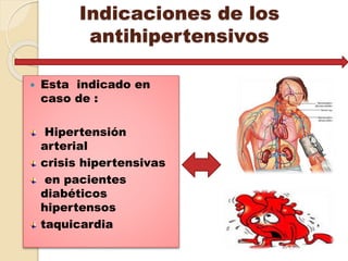 Indicaciones de los
antihipertensivos
 Esta indicado en
caso de :
Hipertensión
arterial
crisis hipertensivas
en pacientes
diabéticos
hipertensos
taquicardia
 