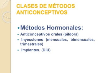 CLASES DE MÉTODOS
ANTICONCEPTIVOS
Métodos Hormonales:
 Anticonceptivos orales (píldora)
 Inyecciones (mensuales, bimensuales,
trimestrales)
 Implantes. (DIU)
 