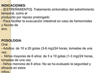 INDICACIONES:
- [ESTREÑIMIENTO]. Tratamiento sintomático del estreñimiento
temporal, como el
producido por reposo prolongado
- Para facilitar la evacuación intestinal en caso de hemorroides
y fisuras de
ano.
POSOLOGIA:
Oral.
- Adultos: de 10 a 20 gotas (3-6 mg)/24 horas, tomadas de una
vez.
- Niños mayores de 6 años: de 3 a 10 gotas (1-3 mg)/24 horas,
tomadas de una vez.
- Niños menores de 6 años: No se ha evaluado la seguridad y
eficacia en estos
niños.
 