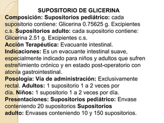 SUPOSITORIO DE GLICERINA
Composición: Supositorios pediátrico: cada
supositorio contiene: Glicerina 0.75625 g. Excipientes
c.s. Supositorios adulto: cada supositorio contiene:
Glicerina 2.51 g. Excipientes c.s.
Acción Terapéutica: Evacuante intestinal.
Indicaciones: Es un evacuante intestinal suave,
especialmente indicado para niños y adultos que sufren
estreñimiento crónico y en estado post-operatorio con
atonía gastrointestinal.
Posología: Vía de administración: Exclusivamente
rectal. Adultos: 1 supositorio 1 a 2 veces por
día. Niños: 1 supositorio 1 a 2 veces por día.
Presentaciones: Supositorios pediátrico: Envase
conteniendo 20 supositorios Supositorios
adulto: Envases conteniendo 10 y 150 supositorios.
 