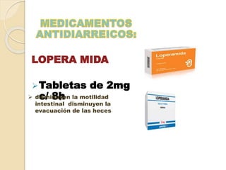 LOPERA MIDA
Tabletas de 2mg
c/ 8h disminuyen la motilidad
intestinal disminuyen la
evacuación de las heces
 