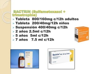  Tableta 800/160mg c/12h adultos
 Tableta 200/40mg/12h niños
 Suspensión 400/40mg c/12h
 2 años 2.5ml c/12h
 5 años 5ml c/12h
 7 años 7.5 ml c/12h
 