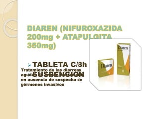 TABLETA C/8h
SUSPENCION
Tratamiento de las diarreas
agudas de origen bacteriano,
en ausencia de sospecha de
gérmenes invasivos
 