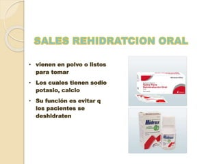• vienen en polvo o listos
para tomar
• Los cuales tienen sodio
potasio, calcio
• Su función es evitar q
los pacientes se
deshidraten
 
