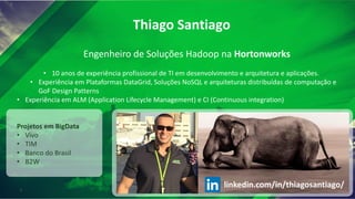 2 ©	Hortonworks	Inc.	2017.	All	Rights	Reserved2
Thiago	Santiago
Engenheiro de	Soluções Hadoop	na Hortonworks
• 10	anos de	experiência profissional de	TI	em desenvolvimento e	arquitetura e	aplicações.
• Experiência em Plataformas DataGrid,	Soluções NoSQL	e	arquiteturas distribuídas de	computação e	
GoF Design	Patterns
• Experiência em ALM	(Application	Lifecycle	Management)	e	CI	(Continuous	integration)
Projetos em BigData
• Vivo
• TIM
• Banco	do	Brasil
• B2W	
linkedin.com/in/thiagosantiago/
 