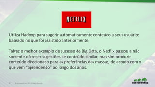 33 ©	Hortonworks	Inc.	2017.	All	Rights	Reserved
Utiliza Hadoop	para	sugerir automaticamente conteúdo a	seus usuários
baseado no	que	foi assistido anteriormente.	
Talvez o	melhor exemplo de	sucesso de	Big	Data,	o	Netflix	passou a	não
somente oferecer sugestões de	conteúdo similar,	mas	sim	produzir
conteúdo direcionado para	as	preferências das	massas,	de	acordo com	o	
que	vem “aprendendo”	ao longo dos	anos.
 
