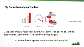 7 ©	Hortonworks	Inc.	2017.	All	Rights	Reserved
O	Big	Data	procura responder	a	perguntas como:	Por quê?	E	se?	O	que	
acontecerá?	Como	otimizar?	E	fornecer novos insights
O	intuito final	é apenas um: dominar a	informação!
Big	Data	é baseado em 3	pilares:
Veracidade e	Valor
 