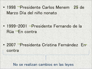 • 1998 Presidente Carlos Menem 25 de
Marzo Día del niño nonato
• 1999-2001 Presidente Fernando de la
Rúa En contra
• 2007 Presidenta Cristina Fernández En
contra
No se realizan cambios en las leyes
 