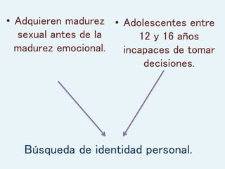 • Adquieren madurez
sexual antes de la
madurez emocional.
• Adolescentes entre
12 y 16 años
incapaces de tomar
decisiones.
Búsqueda de identidad personal.
 
