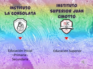 Instituto
  Instituto
                     Superior Juan
La Consolata
                        Cinotto




 Educación Inicial    Educación Superior
   –Primaria -
   Secundaria
 