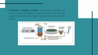 Tratamiento biológico Aerobio: Las bacterias aerobias solo
pueden convertir compuestos cuando hay mucho oxígeno presente,
porque lo necesitan para realizar cualquier clase de conversión
química.
 